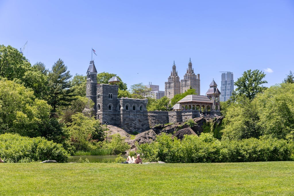 Beautiful summer day at Central Park with Belvedere Castle and skyline view.